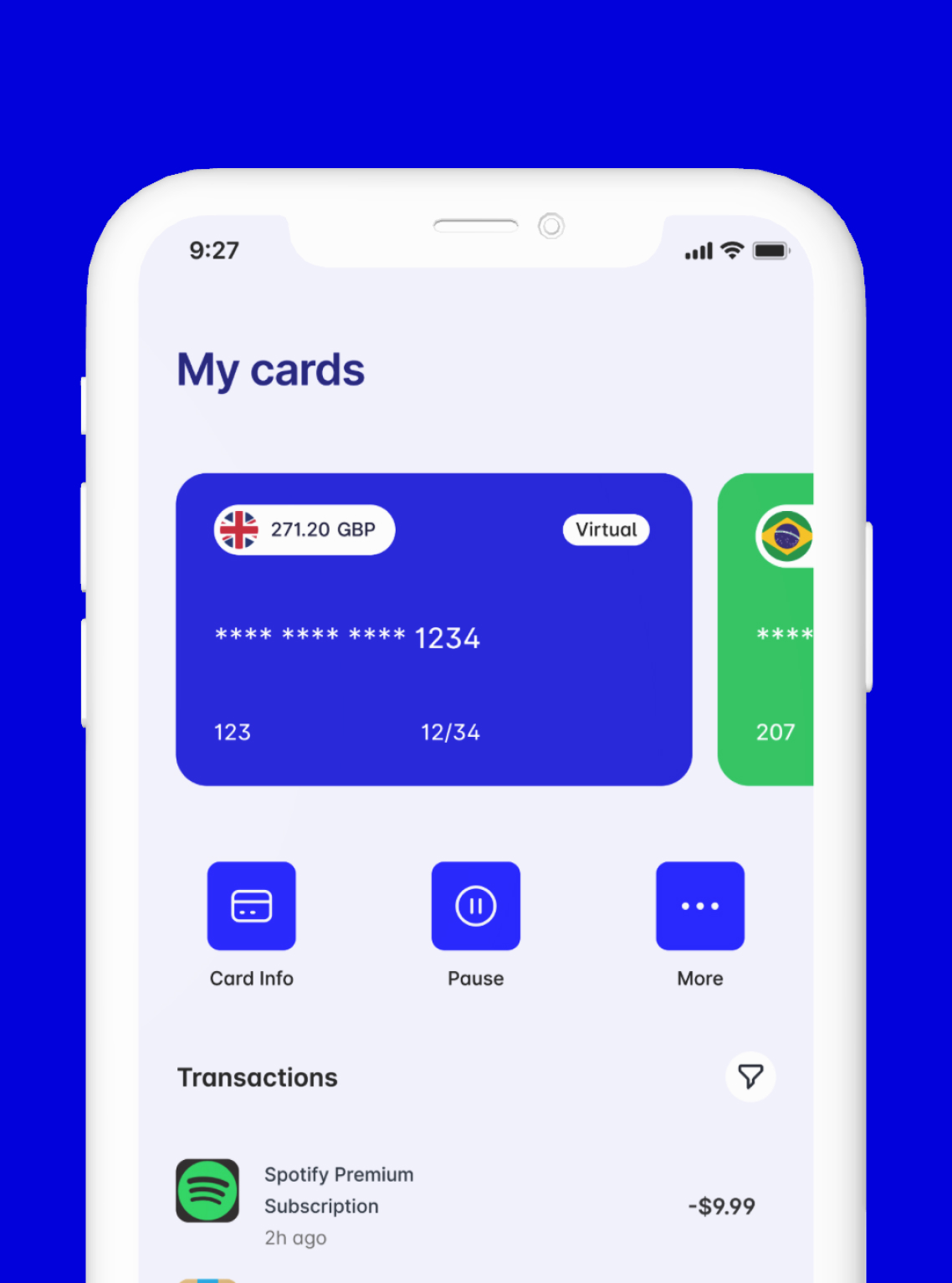 Ecrã da app Zimbo a mostrar os cartões, sincronizados com o saldo da carteira